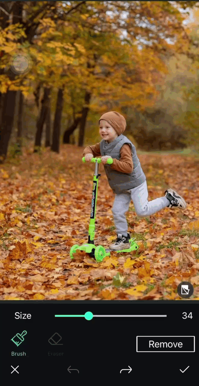 an original photo of a kid riding a scooter in a forest with autumn leaves and the kid removed photo edited by PhotoDirector
